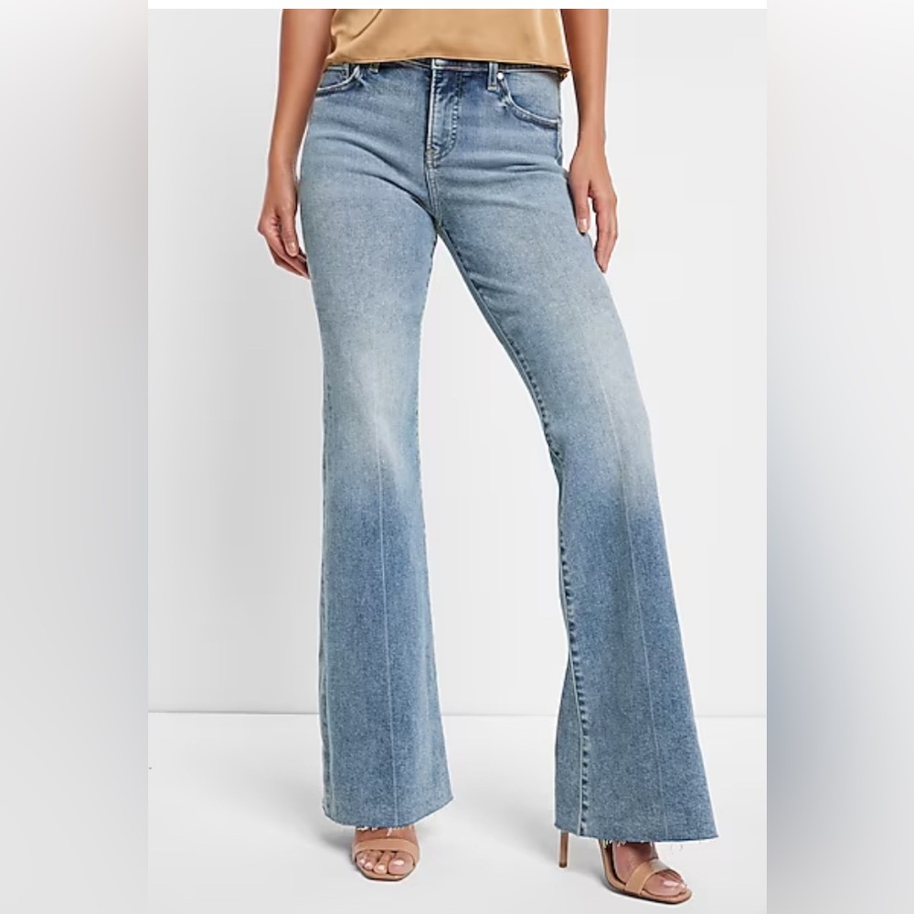 Express Ladies Mid Rise Light Wash Raw Hem '70s Flare Jeans